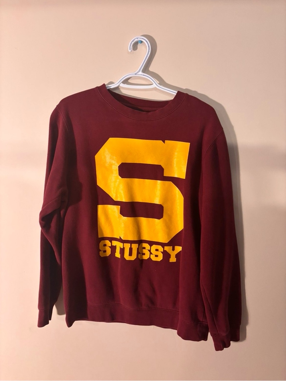 Stussy Maroon Crewneck Sweatshirt with Black Logo Tag